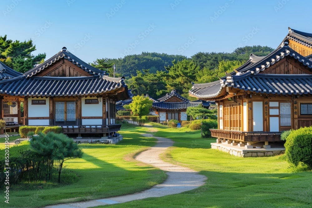 The exterior of the Hanok-inspired resort is set against lush green lawns The exterior of the Hanok-inspired resort is set against lush green lawns