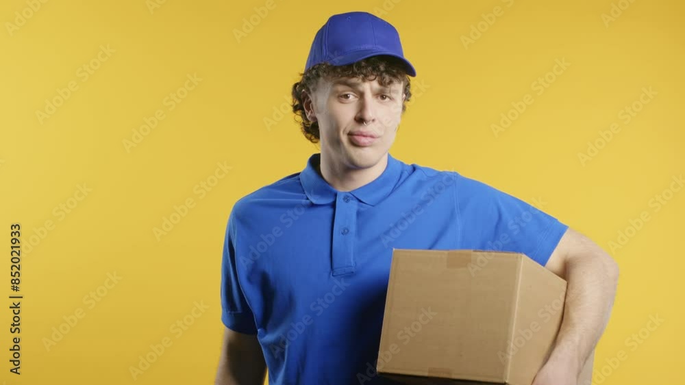 Serious postal courier man rejecting gesture by finger sign. Forbidden on yellow Serious postal courier man rejecting gesture by finger sign. Forbidden on yellow