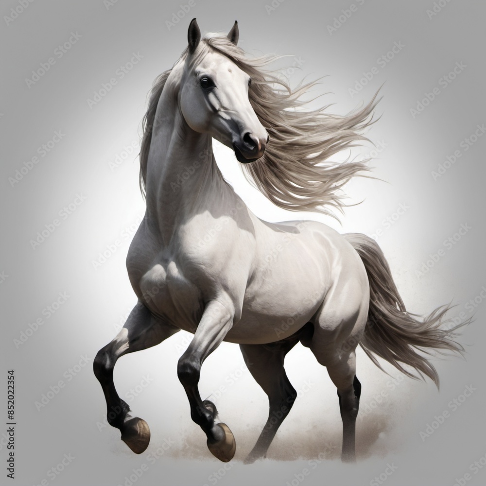 Obraz premium a majestic and powerful white horse in mid-stride. The horse's flowing mane and tail, combined with its dynamic pose, convey a sense of energy and freedom.