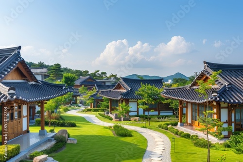 The exterior of the Hanok-inspired resort is set against lush green lawns © Cetin