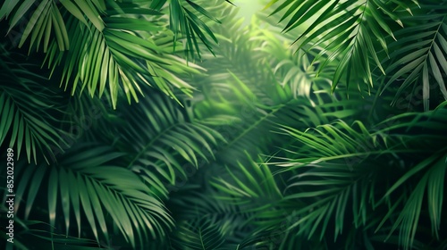 Lush green tropical jungle foliage with sunlight filtering through dense leaves, creating a serene and vibrant natural background.
