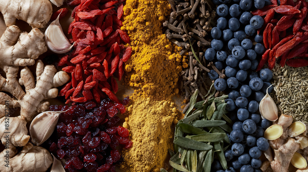Fototapeta premium Selection of superfoods and spices - goji, blueberries, garlic, ginger, turmeric powder, clove
