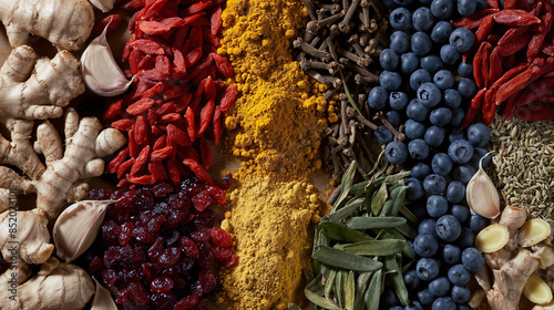 Selection of superfoods and spices - goji, blueberries, garlic, ginger, turmeric powder, clove photo
