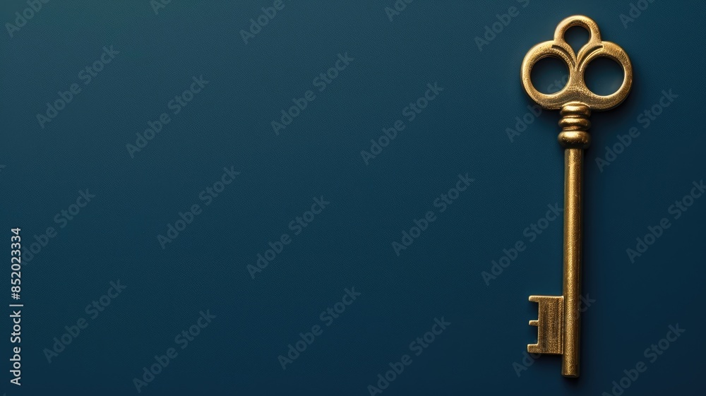 Single old-fashioned brass key on dark blue surface Single old-fashioned brass key on dark blue surface