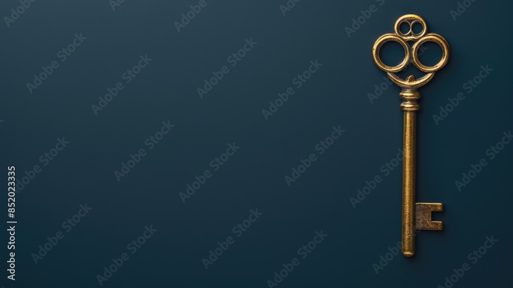 Golden skeleton key with intricate design on dark blue background Golden skeleton key with intricate design on dark blue background