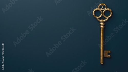 Golden skeleton key with intricate design on dark blue background © Татьяна Макарова