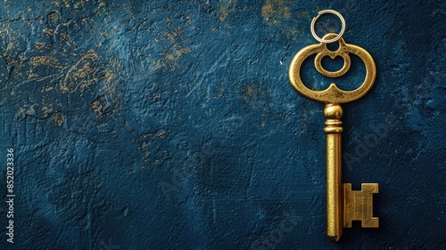 Golden antique key hanging on textured blue wall © Татьяна Макарова