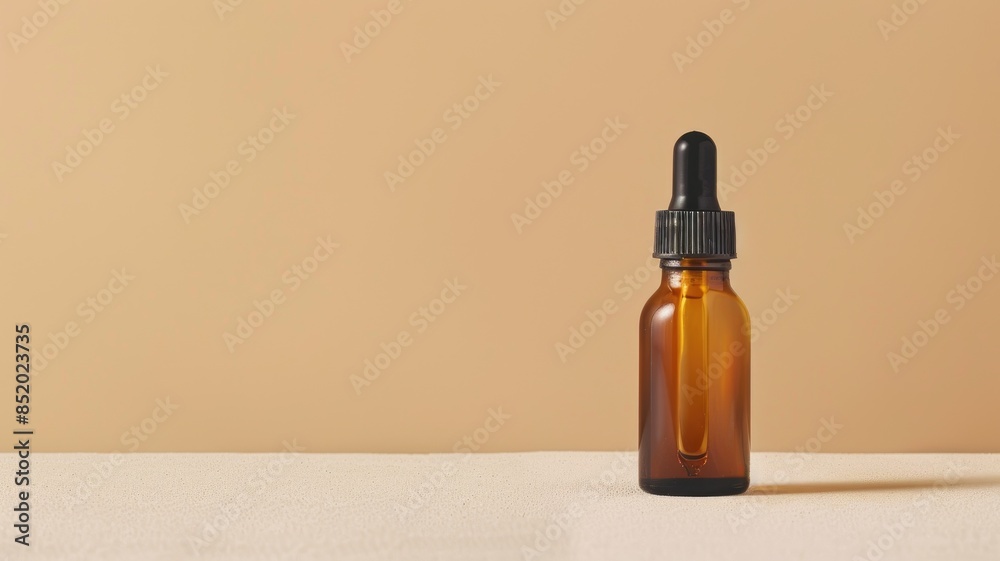 Amber glass dropper bottle with black cap on light surface against beige background Amber glass dropper bottle with black cap on light surface against beige background