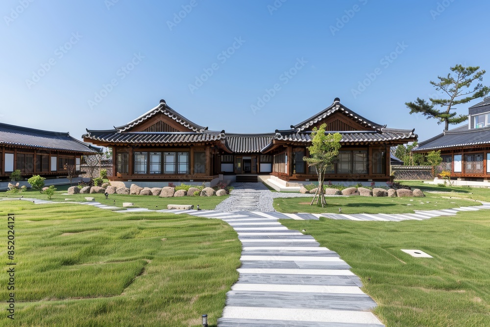 The exterior of the Hanok-inspired resort is set against lush green lawns The exterior of the Hanok-inspired resort is set against lush green lawns