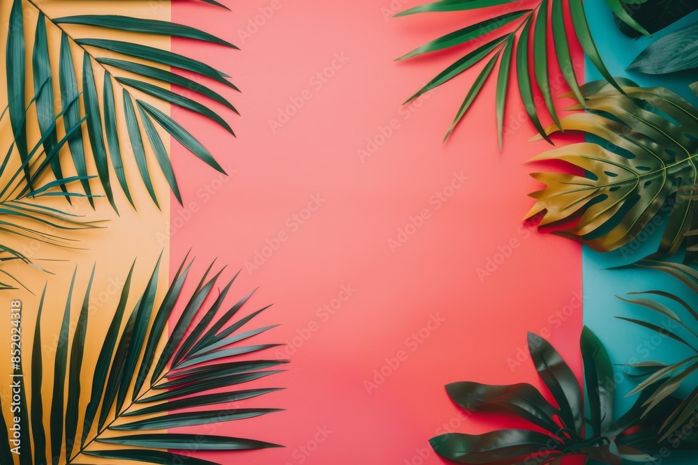 Tropical Leaf Arrangement on Vibrant Pink, Yellow, and Blue Background