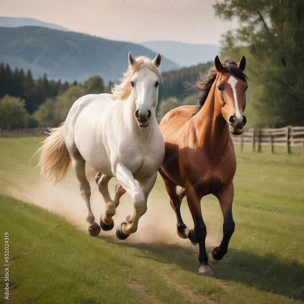 beautiful horses running across a green field. beautiful horses running across a green field.