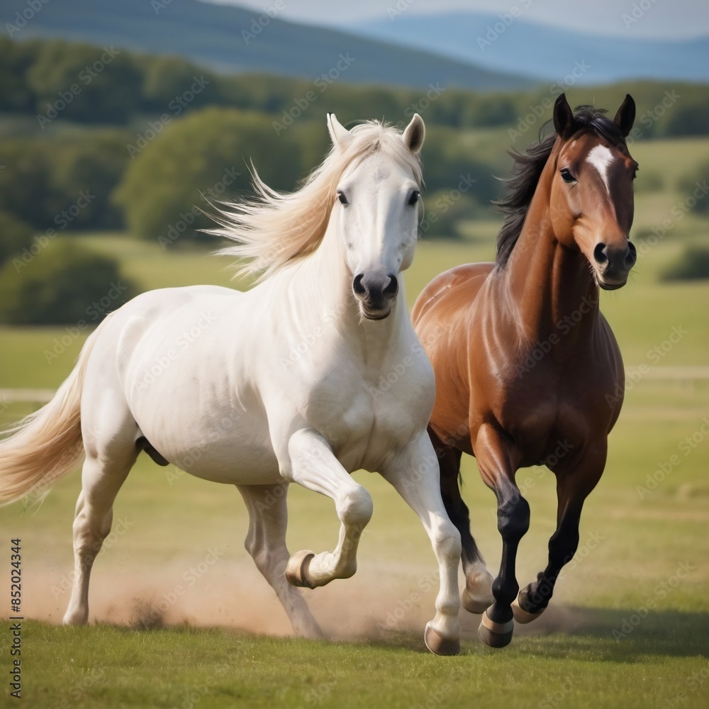 beautiful horses running across a green field. beautiful horses running across a green field.