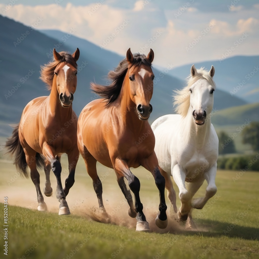 beautiful horses running across a green field. beautiful horses running across a green field.