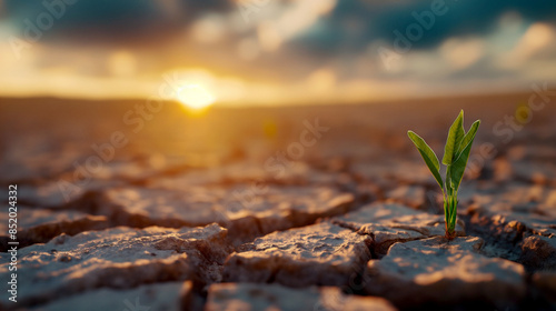 Dried brown cracked earth, a small green bush growing in the cracks of dry ground, a symbol hope with the threats of climate change.