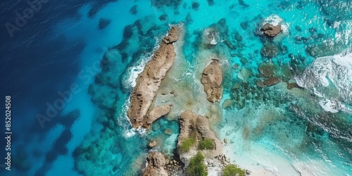 Breathtaking aerial view of tropical island with turquoise waters, rocky formations, and white sand beach, perfect holiday destination, ocean escape. photo