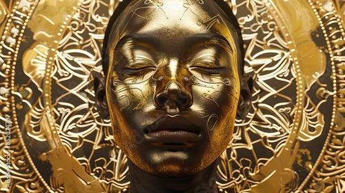 Gold statue of a woman with a mandala background. Glamour and beauty woman portrait gold. High quality AI generated image © Javid