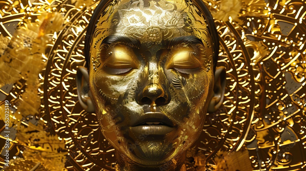 Obraz premium Gold statue of a woman with a mandala background. Glamour and beauty woman portrait gold. High quality AI generated image