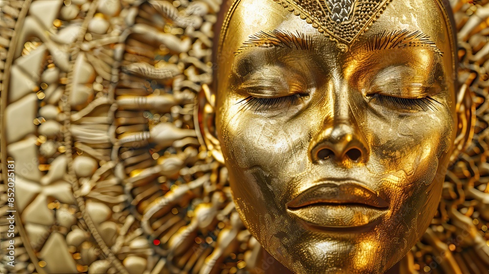 Gold statue of a woman with a mandala background. Glamour and beauty woman portrait gold. High quality AI generated image Gold statue of a woman with a mandala background. Glamour and beauty woman portrait gold. High quality AI generated image