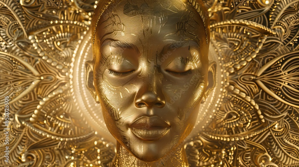Gold statue of a woman with a mandala background. Glamour and beauty woman portrait gold. High quality AI generated image Gold statue of a woman with a mandala background. Glamour and beauty woman portrait gold. High quality AI generated image