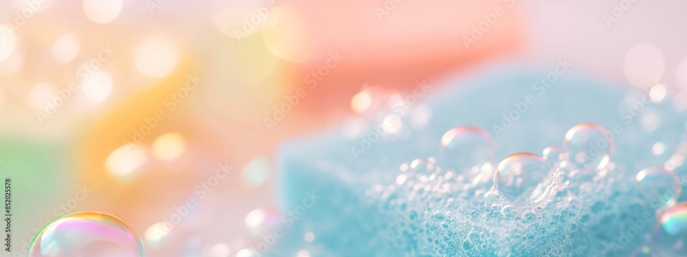 Blue sponge and sparkling soap bubbles on peach background. Cleaning ...