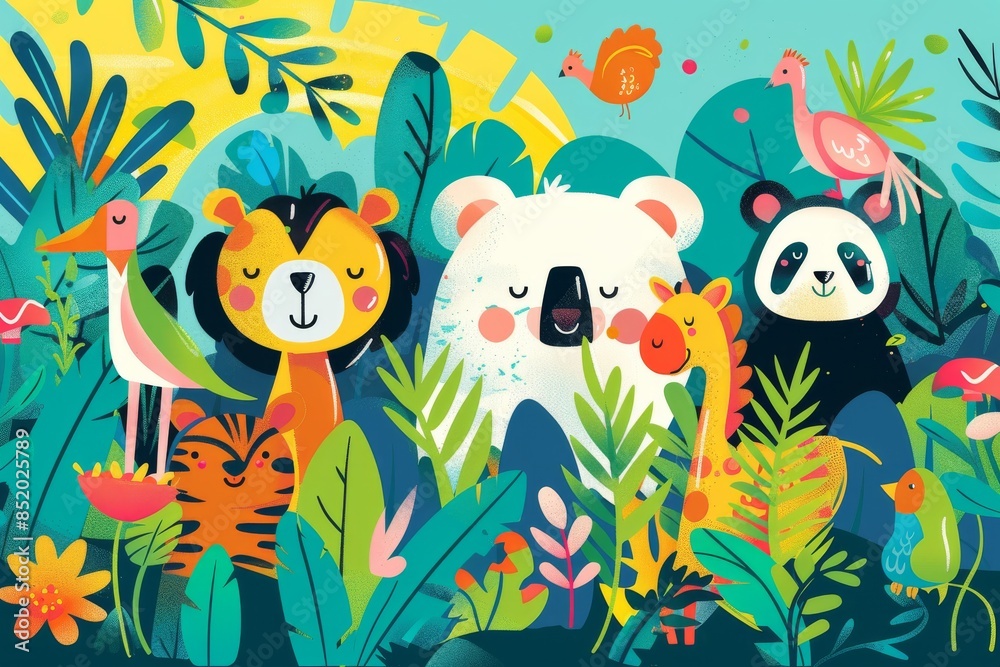 A Lush Jungle Gathering of Animals With Smiling Faces A Lush Jungle Gathering of Animals With Smiling Faces