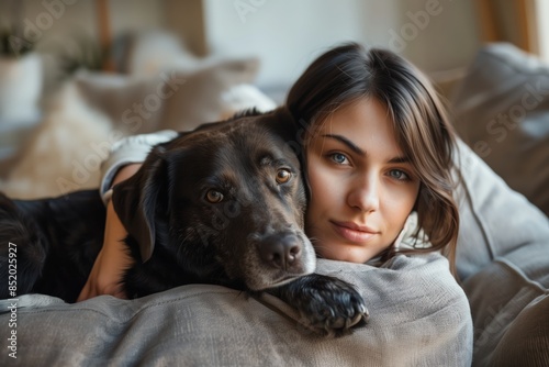 A young woman with long brown hair relaxes on a sofa at home, cuddling with her black dog