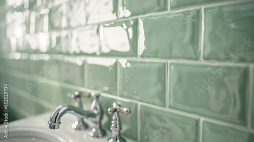 Bathroom Interior Design Trend. Faucet / Plumbing. Olive Light Green Glossy Zelige Tile. English Vintage Style