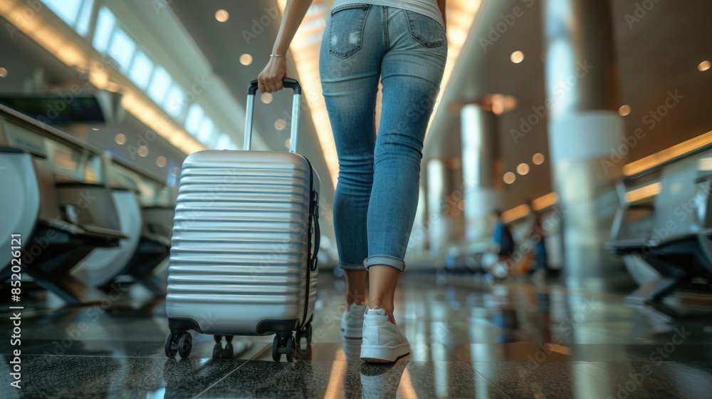 Fototapeta premium woman in jeans pulling suitcase at airport terminal