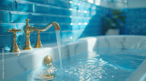 Bathroom Interior Design Trend. Gold Faucet / Plumbing. Blue Glossy Zelige Tile. Marble Bath Tub photo