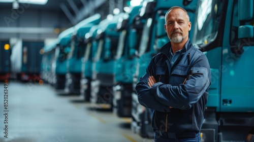 Against the backdrop of a fleet of trucks, a warehouse manager stands confidently