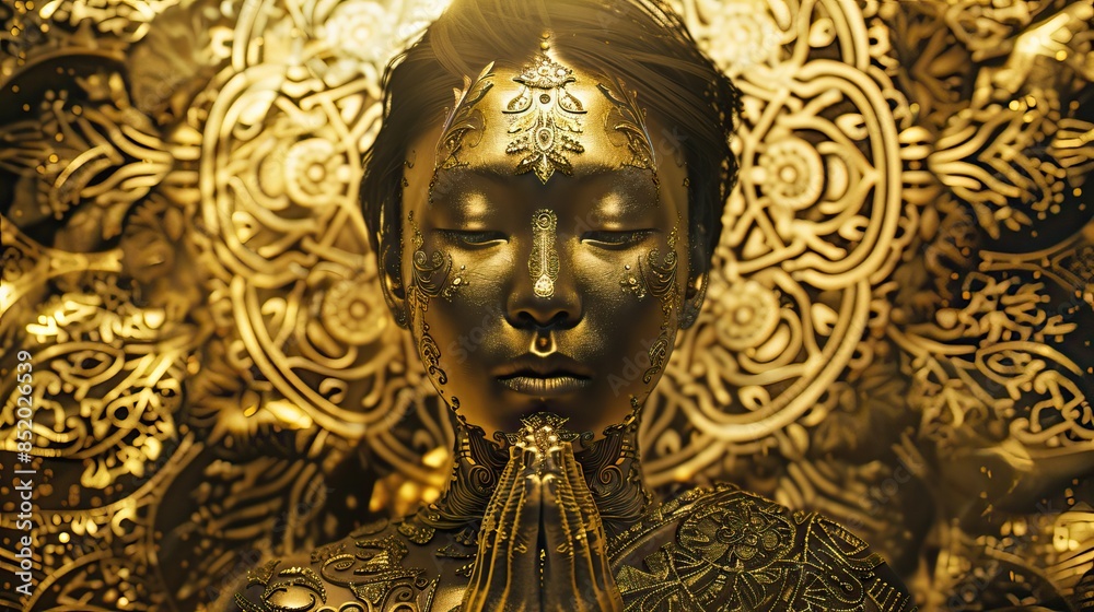 Gold statue of a woman with a mandala background. Glamour and beauty woman portrait gold. High quality AI generated image Gold statue of a woman with a mandala background. Glamour and beauty woman portrait gold. High quality AI generated image
