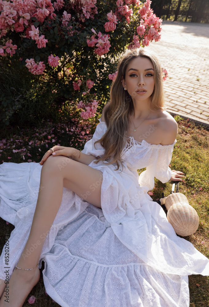 beautiful woman with blond hair in elegant white dress and accessories ...