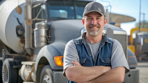 A young bearded truck driver stands by his semi truck
