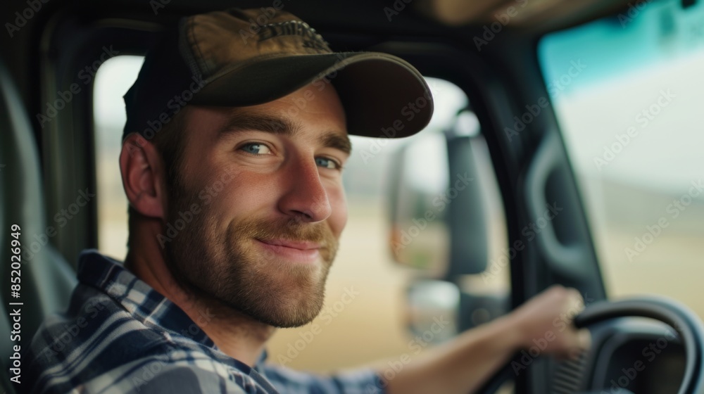 A young, happy truck driver looks at the camera with a sense of optimism and enthusiasm for the road ahead