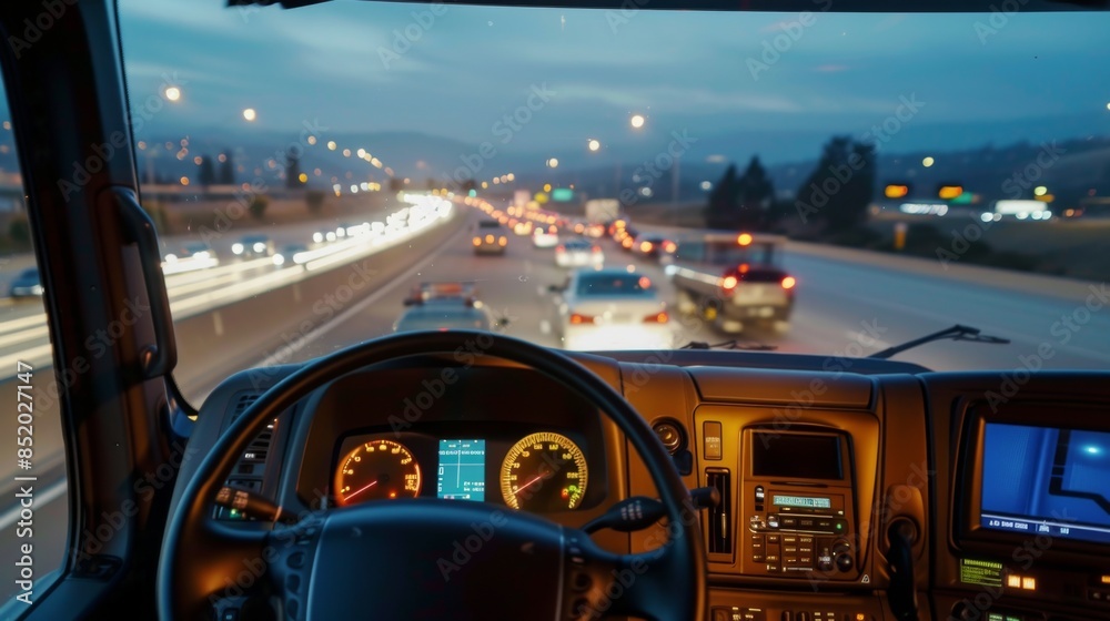 View from inside the cab of the truck. The truck is driving down the road View from inside the cab of the truck. The truck is driving down the road