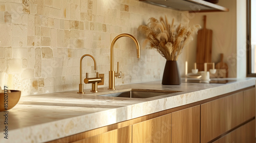 Kitchen Interior Design. Natural Colors and Wabi Sabi Mood. Stone Countertop and Tile. Gold Faucet / Plumbing. Wooden Kitchen Cabinets