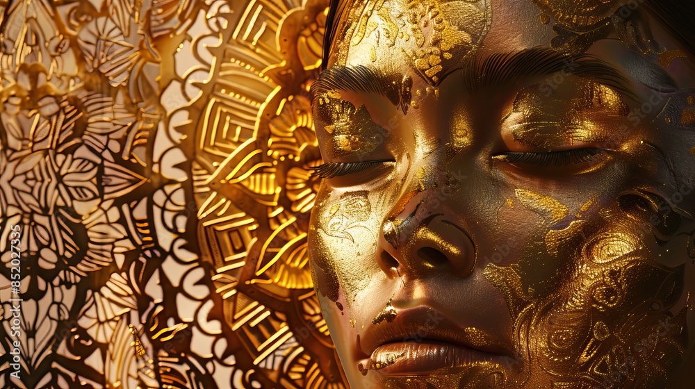 Fototapeta premium Gold statue of a woman with a mandala background. Glamour and beauty woman portrait gold. High quality AI generated image