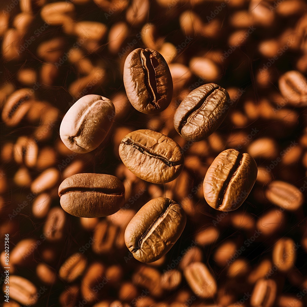 Fototapeta premium Floating and Rotating Coffee Beans in Mid-Air : Dynamic Motion Image with Various Angles and Depths