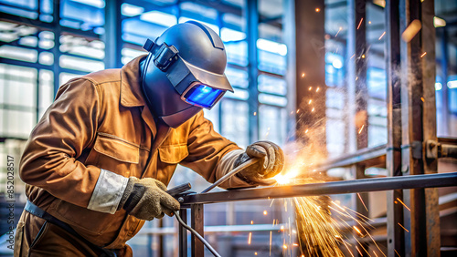 A strong man is a welder in brown uniform, welding mask and welders leathers, a metal product is welded with a arc welding machine at the construction site, blue sparks fly to the sides