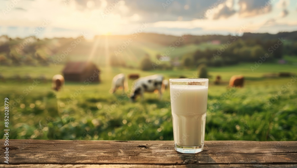 A glass of milk is on a table in front of a field with cows grazing. A glass of milk is on a table in front of a field with cows grazing.