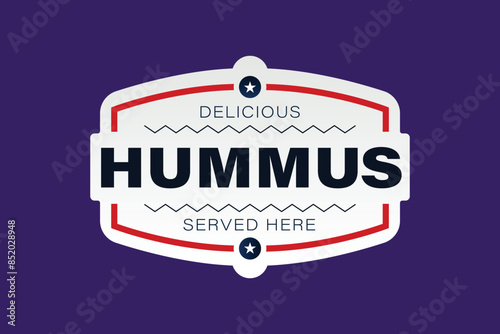 the word's food hummus here's on a purple background., Food product sticker