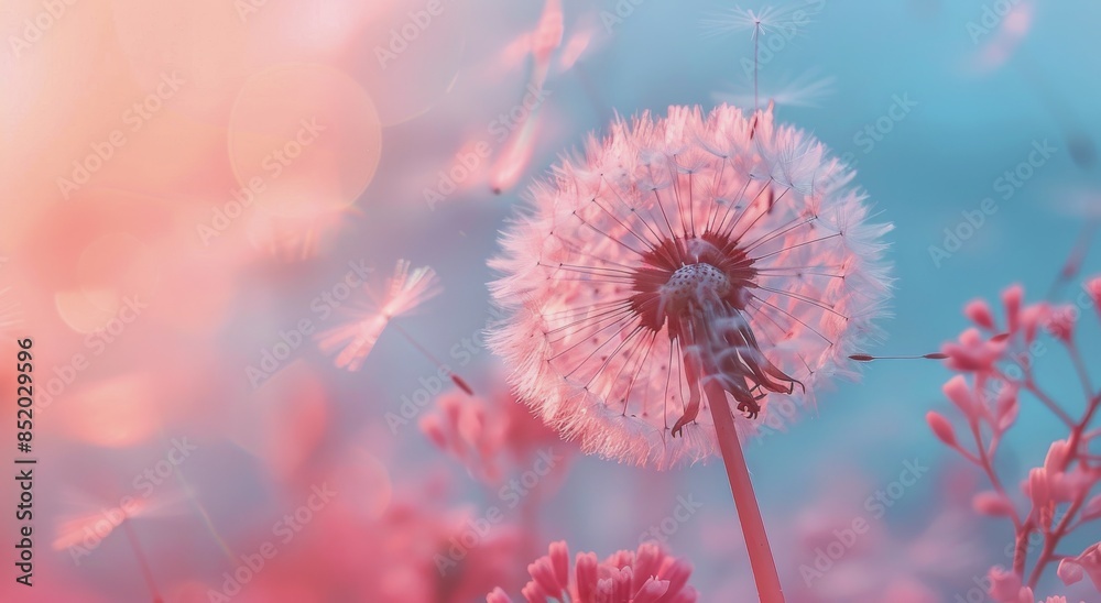 Close Up of a Dandelion With Seeds Blowing in the Wind Against a Soft Pink and Blue Background Close Up of a Dandelion With Seeds Blowing in the Wind Against a Soft Pink and Blue Background