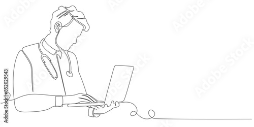 Doctor working on laptop line art style vector illustration