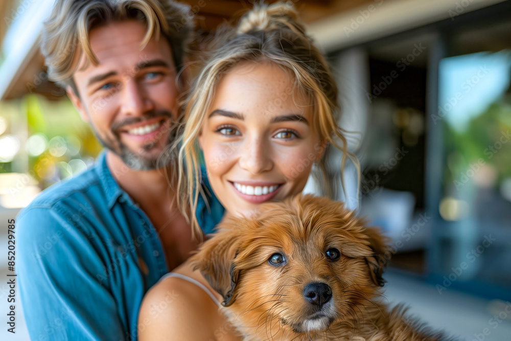 Happy Couple with Adorable Puppy Outdoors