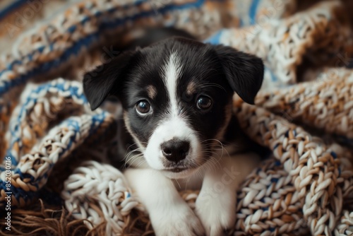 A close-up portrait of an adorable mixed breed puppy snuggling under a cozy blanket in a home setting