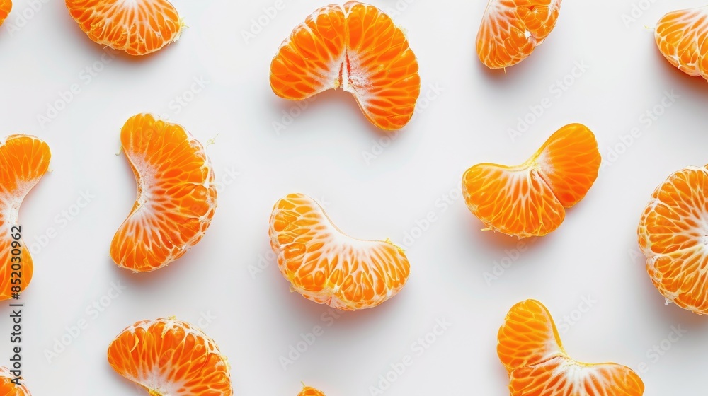 Mandarin orange segments viewed from above on a white backdrop Mandarin orange segments viewed from above on a white backdrop