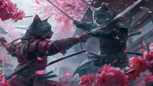 fierce cat samurai engaged in dramatic sword duel, cherry blossoms in full bloom, intense and dynamic combat photo