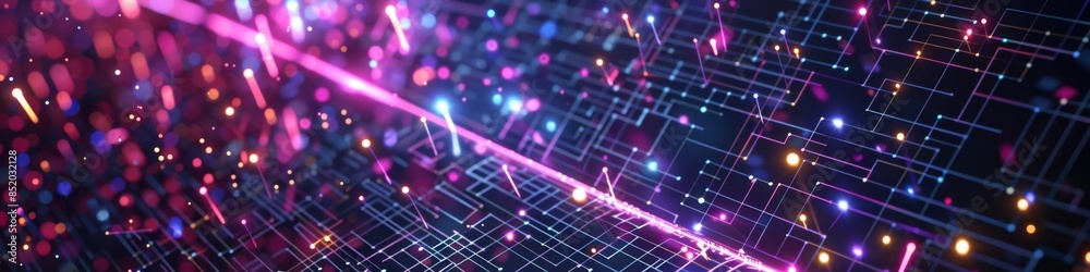 Broken grid connections on a dark, abstract backdrop, with scattered neon lights adding a chaotic and futuristic element Broken grid connections on a dark, abstract backdrop, with scattered neon lights adding a chaotic and futuristic element