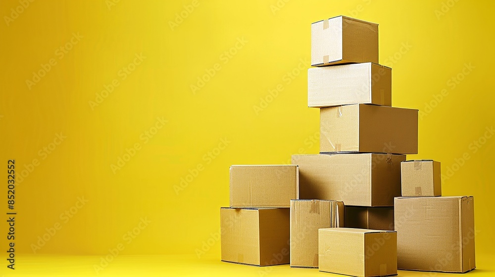tower made of cardboard boxes with solid yellow background; delivery advertising concept; copy space for your logo or text. tower made of cardboard boxes with solid yellow background; delivery advertising concept; copy space for your logo or text.