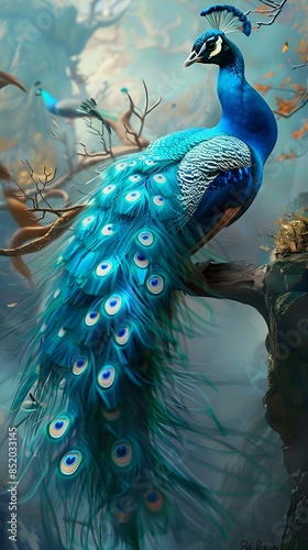 painting of blue peacock sitting on a branch of a tree, beautiful and graceful, peacock. intricate, blue phoenix bird, detailed beautiful animals, peacock, peaceful and graceful, 4 k highly detailed a